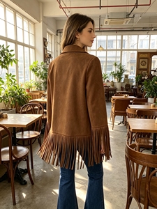 SWEET BABE Abrigo Casual para Mujer con Cuello Solapa, Dobladillo con Flecos, Ajuste Holgado, Manga Larga, Decoración de Borlas, Estilo Urbano, Color Marrón - Product Image 3
