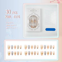 Lot de 30 faux ongles en acrylique, forme amande, style français rétro, avec motifs 3D étoiles et lunes, kit complet pour pose à pression, vente en gros, pour nail art