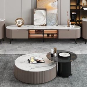 Set di Tavolini da Salotto Moderni ed Ecologici, Tavoli Rotondi <span class=keywords><strong>in</strong></span> Lastra di Roccia con Accenti <span class=keywords><strong>in</strong></span> Legno, <span class=keywords><strong>Arredamento</strong></span> per la Casa - Product Image 3