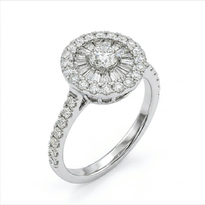 Anillo de Compromiso Sofisticado de Oro Blanco Sólido de 18K con Diamantes, Corte Redondo, Baguette, Halo, Pavé, Grabado Láser Personalizado - Product Image 1