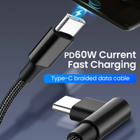 PD 60W USB tipo C a USB C Cable Nylon trenzado aleación de aluminio doble codo ángulo de 90 grados Cable de datos tipo C de carga rápida