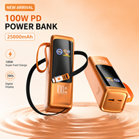 Power Bank Besar untuk Ponsel 25000 mAh, Pengisian Cepat 100W, Kabel Terintegrasi, Baterai Eksternal Besar, Charger Portabel