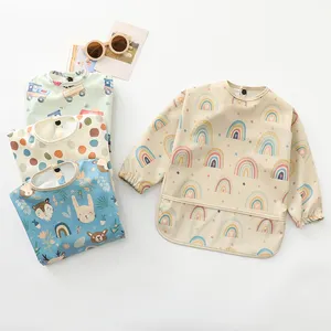 Wholesale PU Soft Infant Children Eating Feeding Coverall Apron with Food Crumb Waterproof Long Sleeve Baby Smock Apron Bib