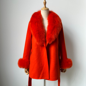 Elegante abrigo rojo de Cachemira con cuello de piel de zorro puños mujeres Otoño Invierno moda trajes abrigo de lana de Cachemira con ropa de piel Real - Product Image 3
