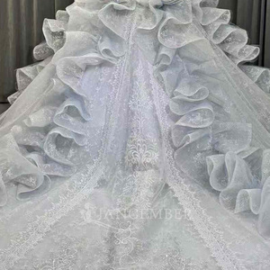 Robes de mariée modernes style robe de bal avec appliques en dentelle, imprimé floral, manches longues, traîne chapelle, longueur ras du sol, dos nu pour LSOY011 - Product Image 5