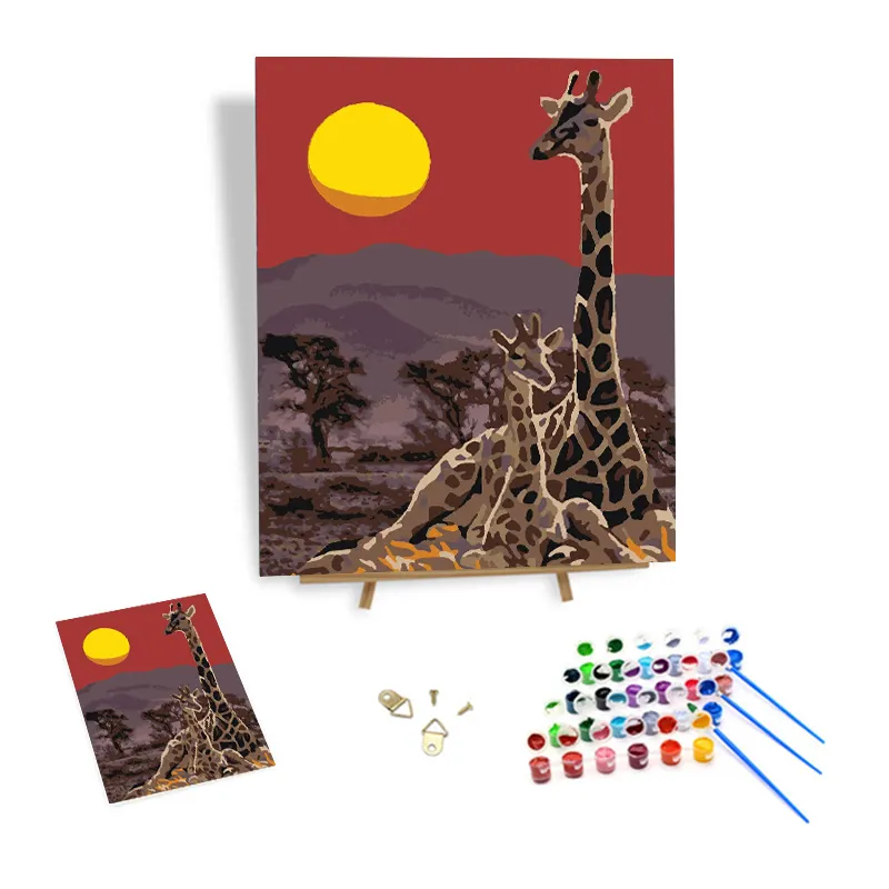 Pintura DIY por números, girafas em tela, Savanna, pôr do sol, pinturas a óleo, números, animais