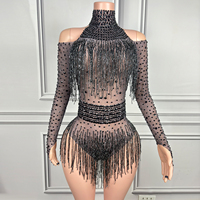 Combinaison de danse scintillante multicolore à col montant et épaules dénudées avec franges en strass, en Spandex/Nylon, pour spectacle de danse et Drag