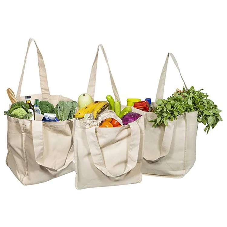 Personalizado promocional reutilizável algodão natural lona shopping bag com bolsos internos