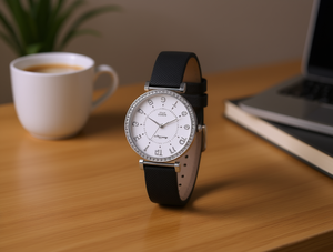 Orologio da donna con cassa rotonda in acciaio inossidabile e cinturino in pelle, orologio alla moda - Product Image 2