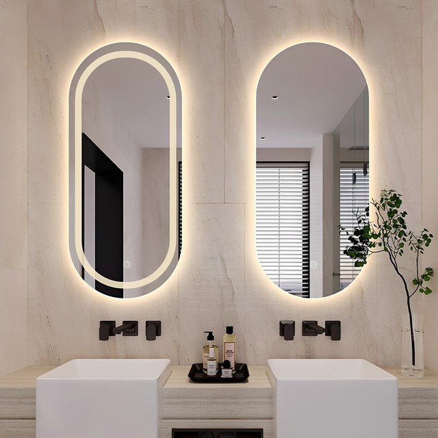 Bathroom Smart Mirror Touch Screen Defogging Wall-Mounted LED Light Luminous Oval Makeup Nordic Style Glass Lenses