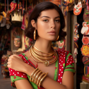 Pulseras de Moda Envolventes de Acero Inoxidable 316L con Baño de Oro PVD, Tela Sostenible Resistente con Puntos Rojos y Verdes y Diseño Chili Sun - Product Image 3