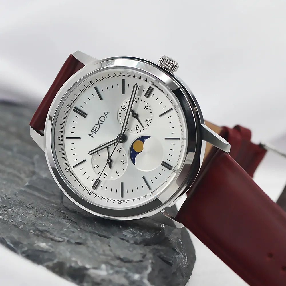 Mexda haut de gamme Orologio luxe Quartz hommes montre en cuir résistant à l'eau volant phase de lune montres Relojes Hombre
