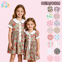 Robe à col imprimé floral pour petites filles, manches courtes, col blanc, poignets à boutons, jupe trapèze, motif personnalisé