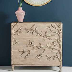 Commode à 3 tiroirs en bois massif, buffet rustique fait main avec relief floral, meuble de rangement antique pour salon - Product Image 2