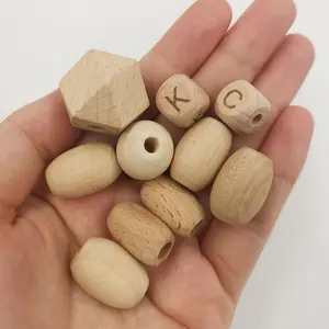 Perles rondes carrées en bois naturel pour bricolage, logo gravé au laser