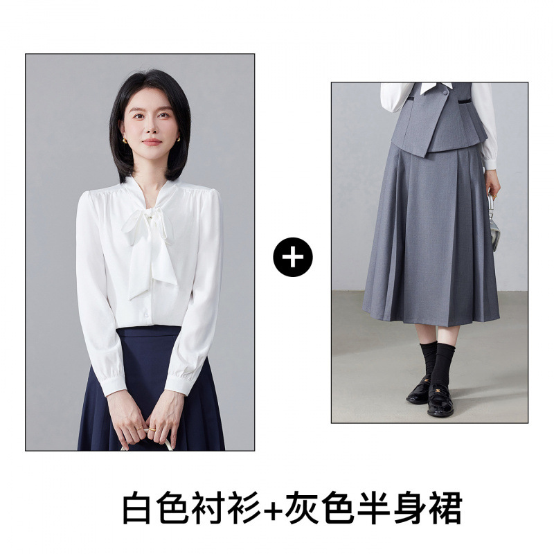 White shirt and gray skirt
