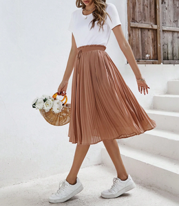 <span class=keywords><strong>Jupe</strong></span> midi plissée taille haute en mousseline de soie marron avec volants et cordon de serrage pour <span class=keywords><strong>femme</strong></span> – Élégante, décontractée, idéale pour le quotidien et les vacances - Product Image 2