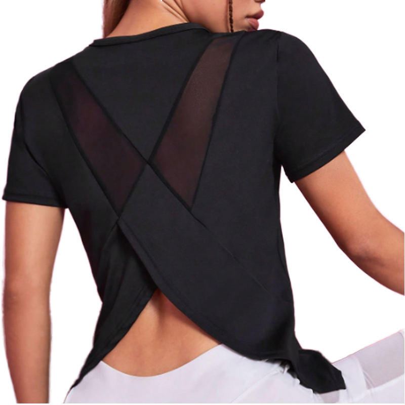 Women's Athletic Crop Top Quick Dry Gym T-Shirt Front Breathable Yoga Active Wear Solid Loose Print Back Mesh Splicing Short