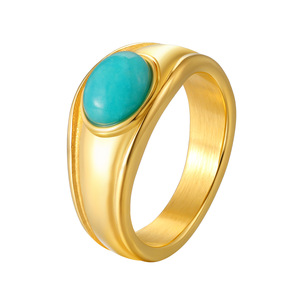 Anillo vintage de acero inoxidable chapado en oro para mujer, con incrustaciones de amazonita natural ovalada, minimalista, elegante y ajustable. - Product Image 6