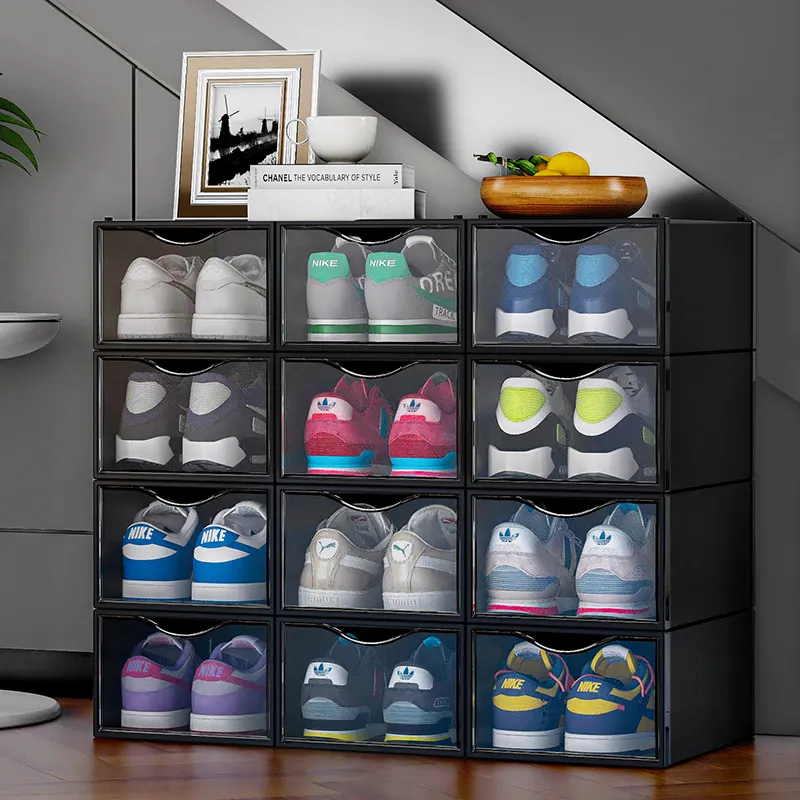 Organizador de sapatos para armário, venda quente de caixas de plástico transparente para armazenamento de sapatos domésticos