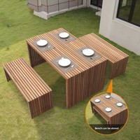 Ensemble de salle à manger d'extérieur moderne en teck massif, design à lattes personnalisable, table et bancs de jardin, mobilier de patio de luxe pour l'Espagne et l'Australie
