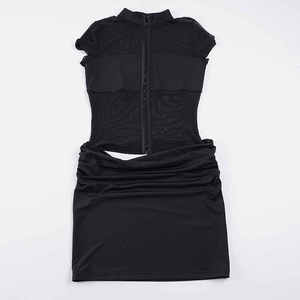 Women's Black Sexy Mesh <b>Buttons</b> Dress Short Sleeve Sheer Cut Out Mini Dress Bodycon Party Night Club Wear Trendy Summer Outfit - Product Image 6