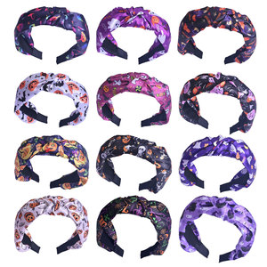 Halloween Dark Style Smooth Polyester <b>Satin</b> Knotted Hair Hoop Pumpkin Ghost Skull Print Party Headwear for Women Girls - Product Image 1