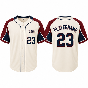 Maillot de baseball personnalisé pour homme, 100 % polyester, maille vintage, crème, chemise boutonnée, manches bordeaux, numéro d'équipe, passepoil, uniforme - Product Image 2