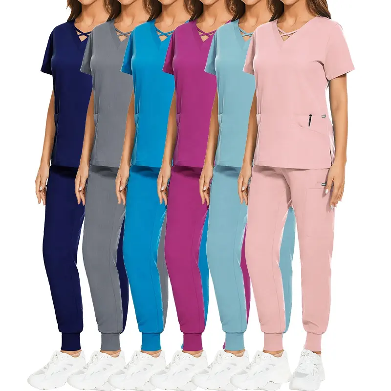 Diseño de cuello logotipo personalizado nuevos colores poliéster enfermería Scrubs mujeres enfermería conjunto elástico rayón Spandex tela Spa uniformes