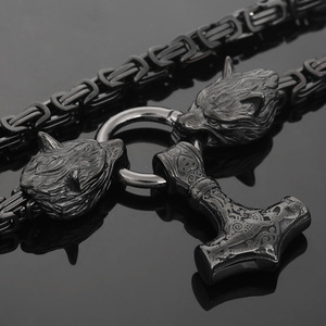Collar con colgante de acero inoxidable para hombre, joyería de amuleto nórdico celta, martillo de Thor, cabeza de Lobo negro vikingo - Product Image 3