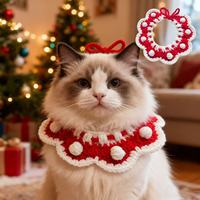 Bavoir en laine tricotée pour chat et chien, Noël, avec fleur au crochet fait main, antidérapant et écologique, accessoires pour animaux de compagnie