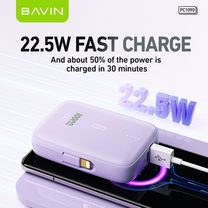 BAVIN all'ingrosso mini telefono powerbank PC1090 10000mah 22.5w ricarica rapida tipo c pocket piccolo power bank con cavo di ricarica