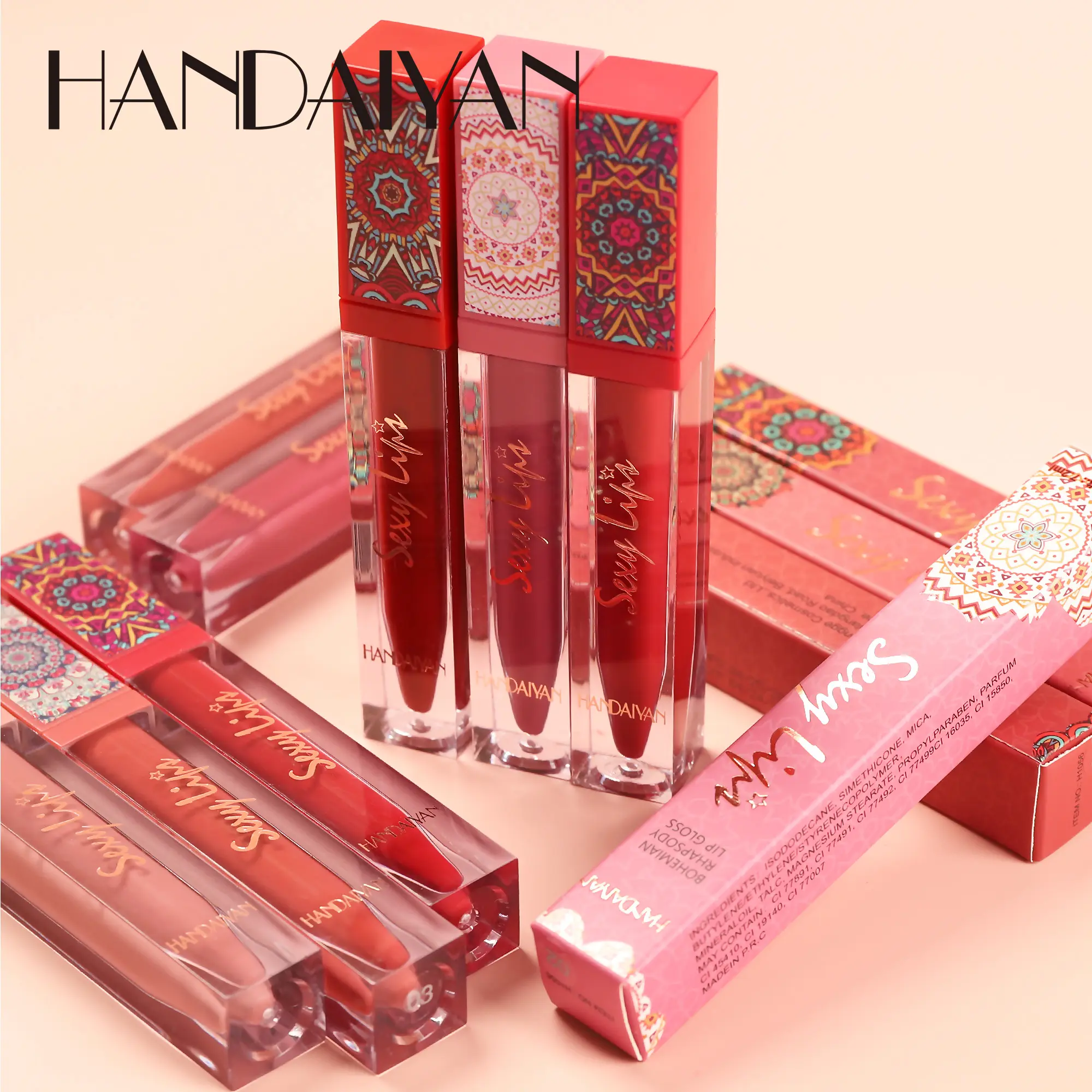 Handaiyan Cosmétiques sans cruauté Lèvres sexy Bohemian Rhapsody Matte Liquid Lipstick Lipgloss Supplies With Square Lipgloss Tubes