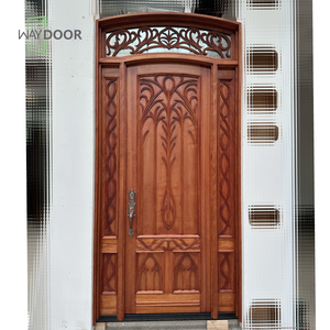 Certificering Vintage Afgewerkt Gesneden Massief Hout Enkele Voordeur Met 2 Zijruiten En Glazen Spiegel Gebogen Houten Gebogen Deur - Product Image 1