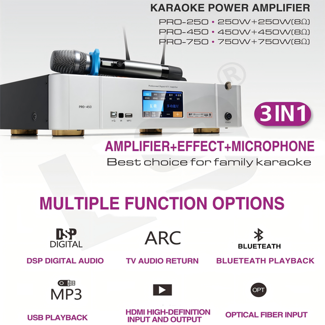 Professional 3 in 1 Karaoke Power Amplifier with Wireless Mic Built-in Digital DSP Effect HDMI ARC Optical Audio