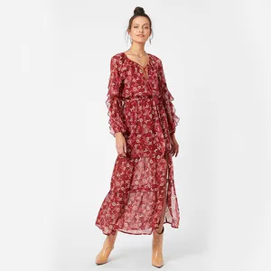 Femmes vêtements à manches longues imprimé floral d&#39;été grande taille sexy en mousseline de soie femmes robes décontractées