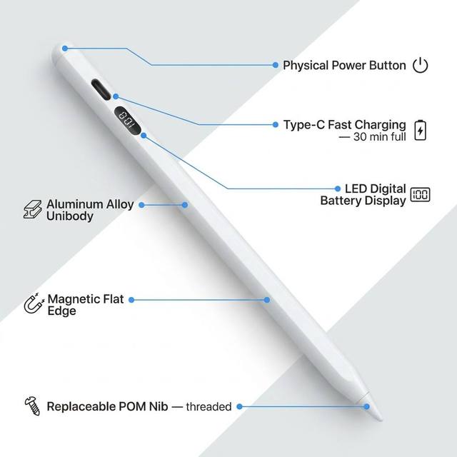 Aluminum Alloy Stylus Pen for iPad Digital Display Type-C Rechargeable POM Replaceable Nib Palm Rejection Tilt 8 Colors OEM