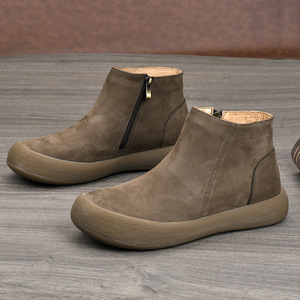 Bottines à bout rond en cuir véritable, talon plat, doublure en coton, semelle extérieure en caoutchouc, confort rétro, chaussures pour femmes - Product Image 2