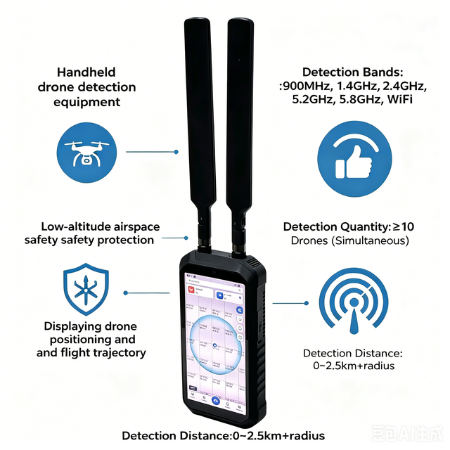 SWARM Portable Handheld Durable Security Drone Detector 3km Coverage 900M/1.4G/2.4G/5.2G/5.8G Bands Multi-Drone Protection