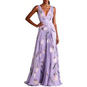 Abito lungo da <span class=keywords><strong>donna</strong></span> senza maniche con stampa tulipani, scollo a V, in chiffon, per serate ed eventi - Sehe Fashion - Product Image 5