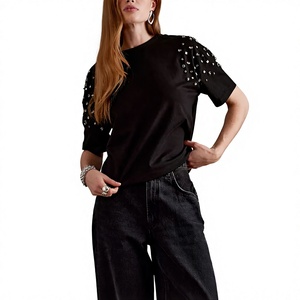 T-shirt décontracté pour femme en coton tricoté écologique, noir, à manches courtes bouffantes, motif écossais, col rond, coupe classique, orné de strass - Product Image 1