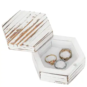 白色水洗实木锡盒神秘盒木制板条箱滑梯顶盒六角形饰品盒和戒指支架