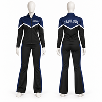 Ensemble d'entraînement de cheerleading anti-choc personnalisé bleu marine et noir, veste à fermeture éclair intégrale et pantalon évasé, imprimé inaltérable pour entraînement d'équipe