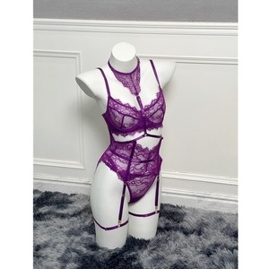 Ensemble de lingerie sexy en dentelle avec porte-jarretelles, violet, pour femme, deux pièces, sous-vêtements, manches longues, bas - Product Image 4