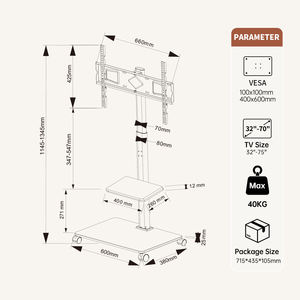 מעמד טלוויזיה נייד עם גלגלים, מתכוונן לגובה, תואם VESA 600x400, עם מדף אחסון מעץ, מתאים לטלוויזיות LCD בגודל 32-70 אינץ', מתאים לסלון. - Product Image 6