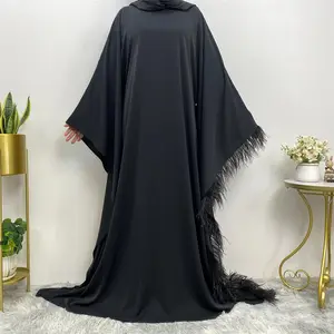 Fashion Splicing Feathers Abaya Women Muslim Dress 2023 Dubai Elegant Bat Sleeve Abaya Grande Taille Dresses