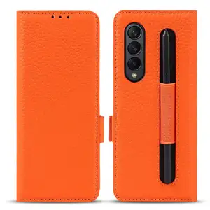 Luxury designer with pen cover Fold3 Fold4 Real genuine mobile leather phone case for fundas samsung galaxy z fold 3 4 5 cases