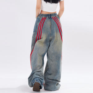 2025 nouveau rétro jambe large rayé droit ample logo personnalisé impression pantalon rouge Patchwork taille haute Streetwear femmes Baggy jean - Product Image 2