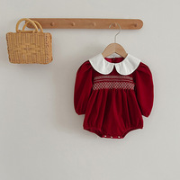 Ensemble Robe Smockée de Noël et Barboteuse Assortie pour Bébé Jiefute – Tenue Frangère Rouge Style Espagnol Vintage pour Fêtes de Fin d'Année