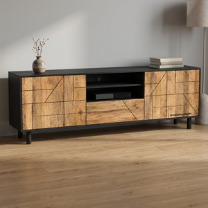 Solid Mango Wood TV <b>Media</b> Cabinet with Dual Finish, Storage Doors & Open <b>Shelf</b> | Modern Wooden Entertainment Unit - Product Image 3
